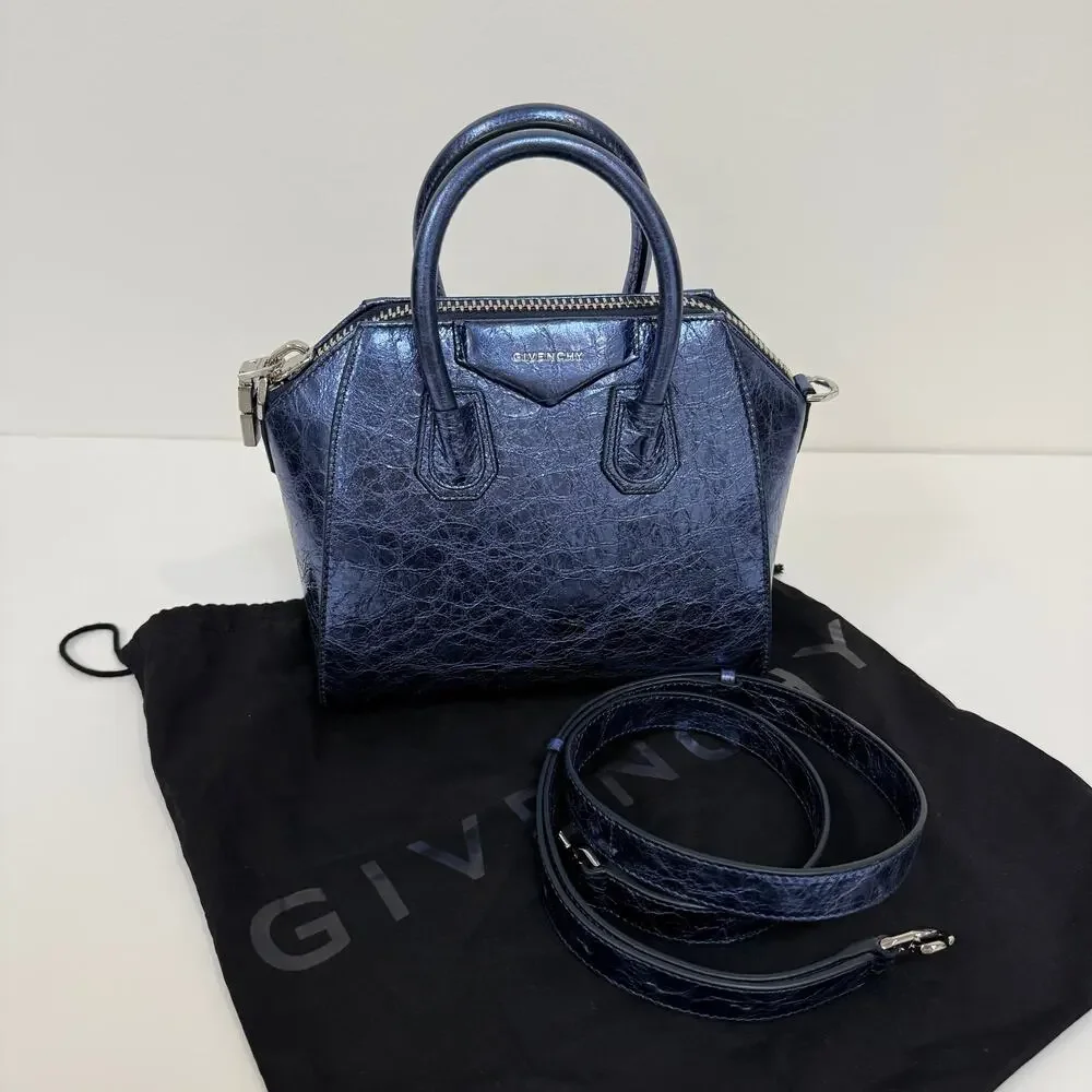 Givenchy Antigona Mini Blue Leather Top Handle Handbag Metallic Crossbody Bag